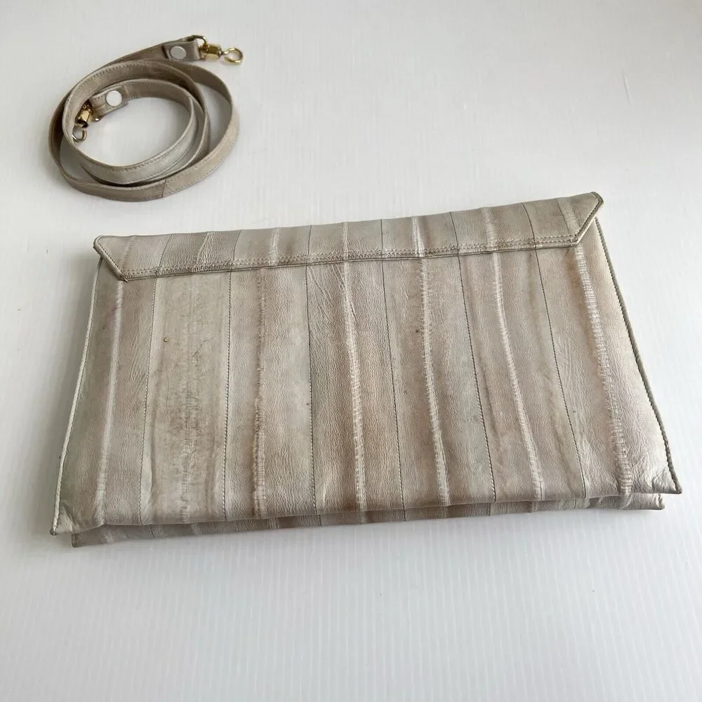 Vintage Shoulder Bag Clutch Genuine Eel Skin Leather Gray Soft Smooth 80’s